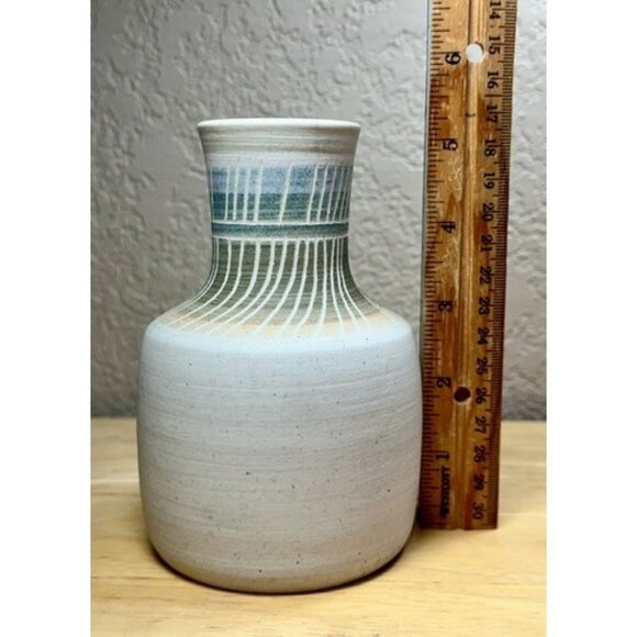 Art Pottery Vase Neutral Abstract Zen Minimalist MCM Blue Green Gold 5.25” - Picture 9 of 10